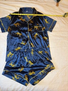 Women’s Satin Navy Blue Pajama Set with Yellow Cheetah Print, M/L